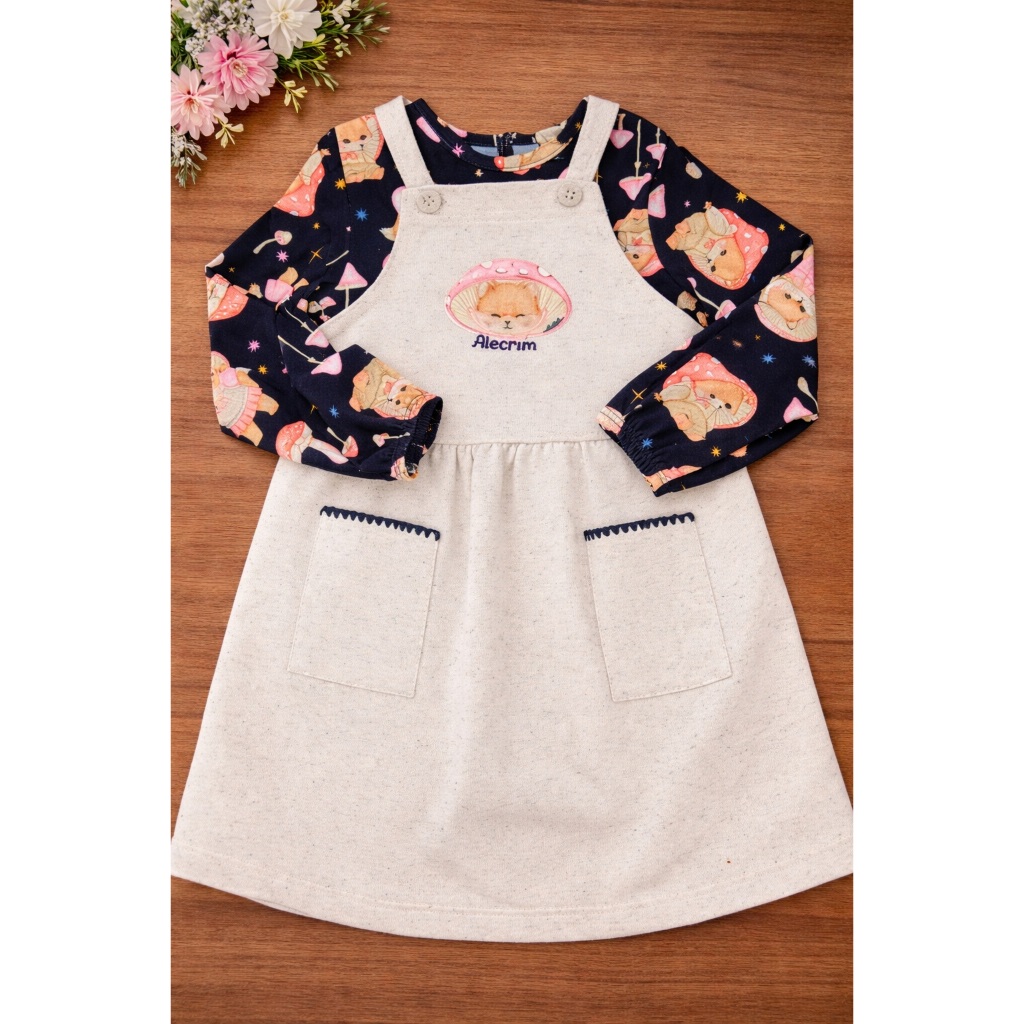Conjunto Body Malha Fresh Salopete Moletom Linho sem Pelúcia 90308 Kukiê Bebê Menina