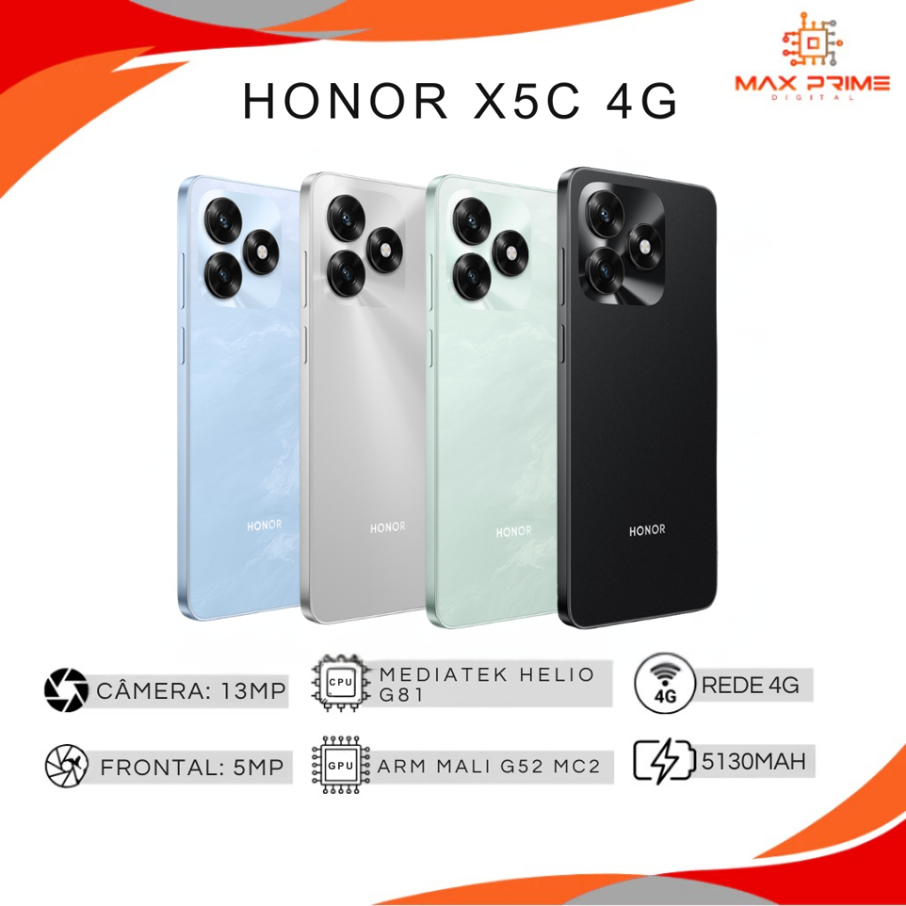 Honor X5c 4G, Versão Globa, Processador Mediatek Hélio G81, Bateria 5130mAhl, 128GB/4GB RAM