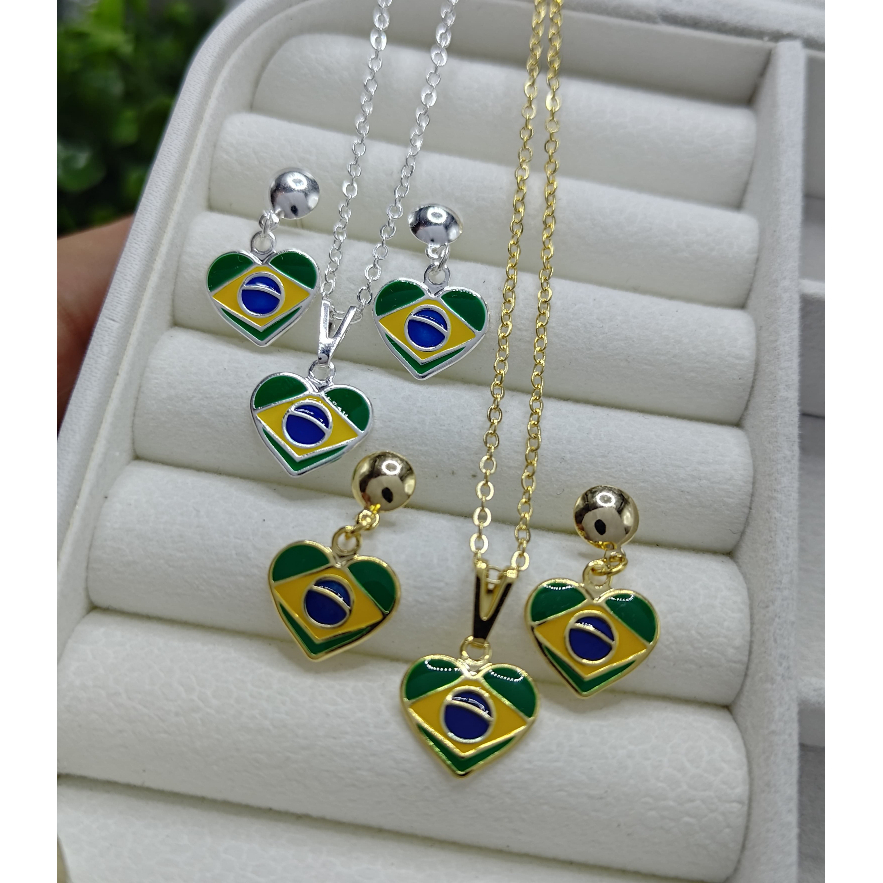 Conjunto Colar E Brinco Brasil Coração Banhado Ouro 18k - Prata 925