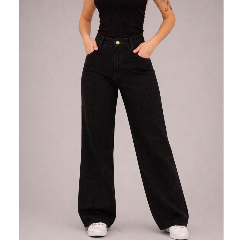 Calça Wide Leg Jeans Feminina Cintura Alta 100% Algodão Premium