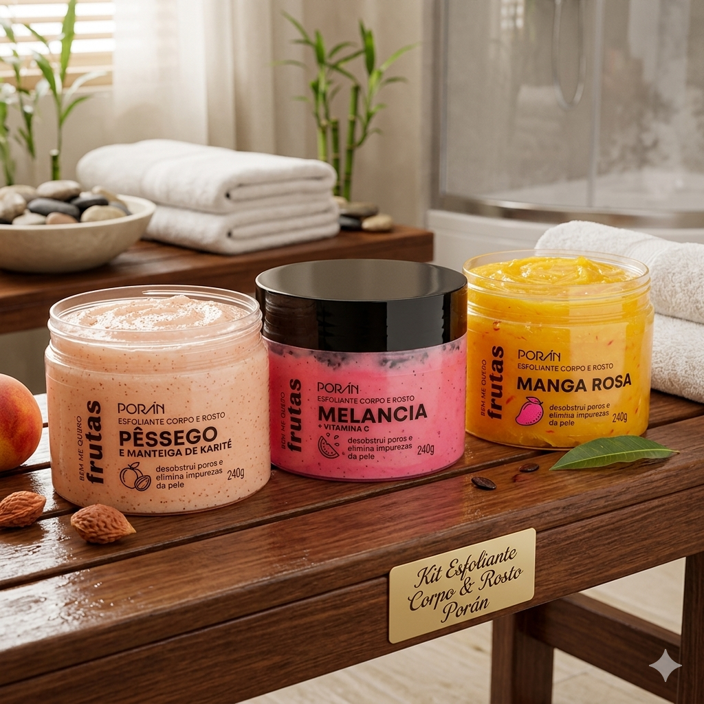 Kit Esfoliantes Porán Pêssego com Manteiga de karité, Manga Rosa com Água de Côco e Melancia com Vitamina C