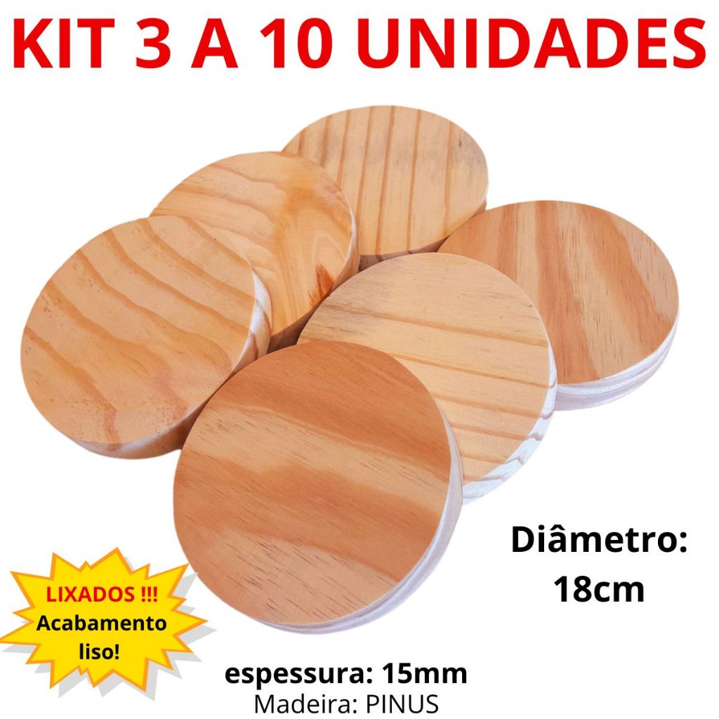 Kit 3, 5, 10 un Placa Base Redonda Bolacha Madeira Pinus 18 cm diametro