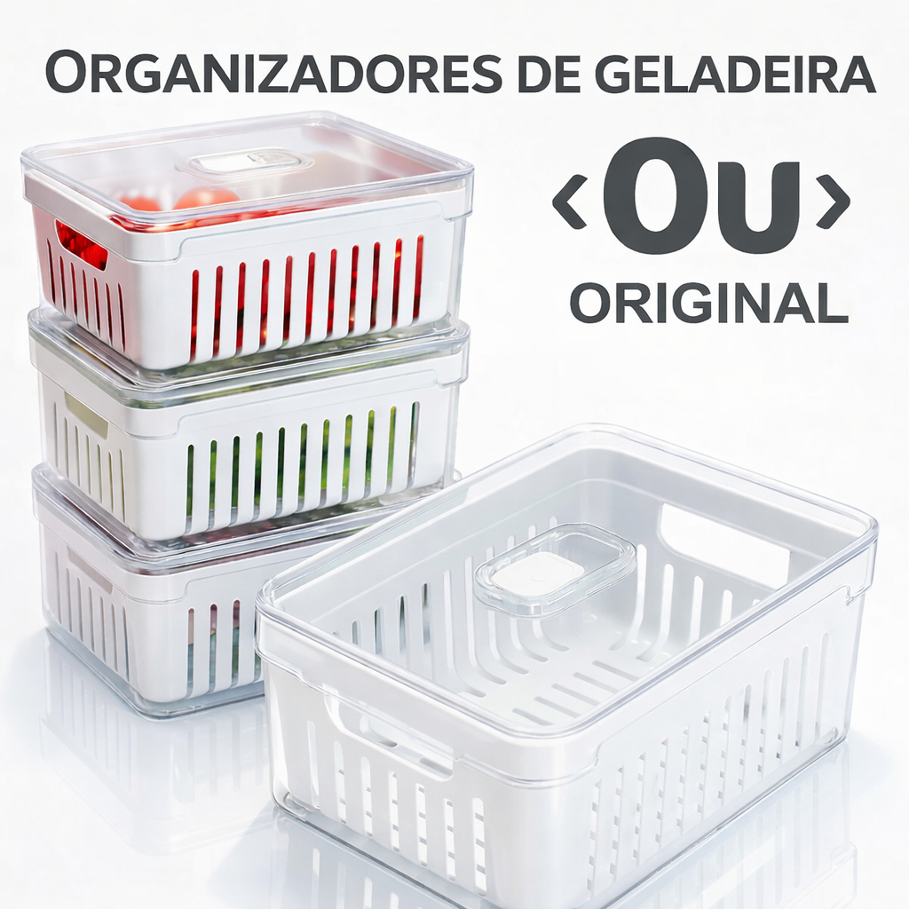 Kit Pote Organizador de Geladeira Com Escorredor Cesto Tampa Multiuso Alimentos Verdura Vegetais OU