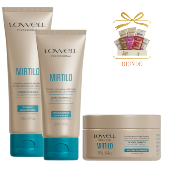 Kit Equilibrante Lowell Mirtilo Shampoo 240ml, Condicionador 200ml e Máscara Capilar 240g +BRINDE Sache Lowell