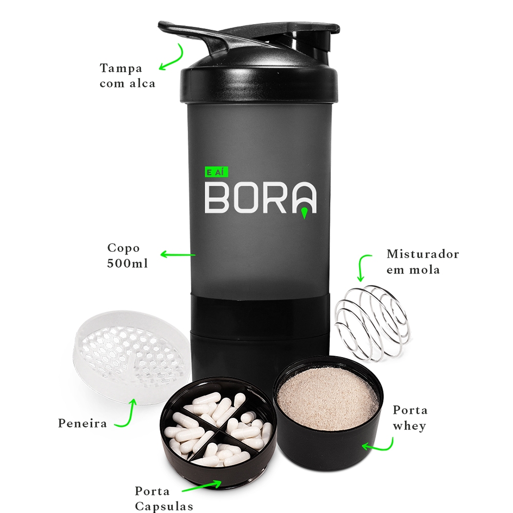 Coqueteleira Shakeira 500ml Bora Com Compartimento Whey + Compartimento Cápsula + Mola + Peneira