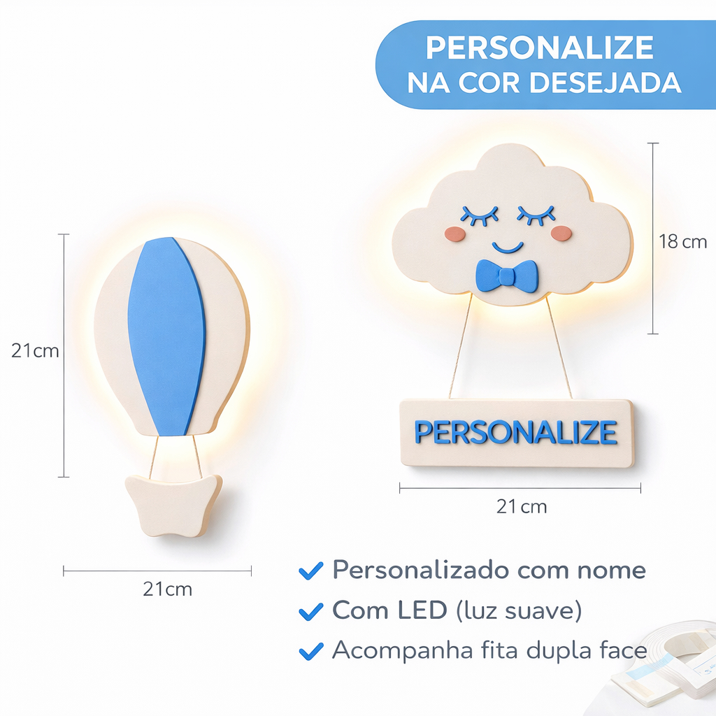 Luminária Infantil Personalizada Nome MDF LED Nuvem Balão Quarto Bebê