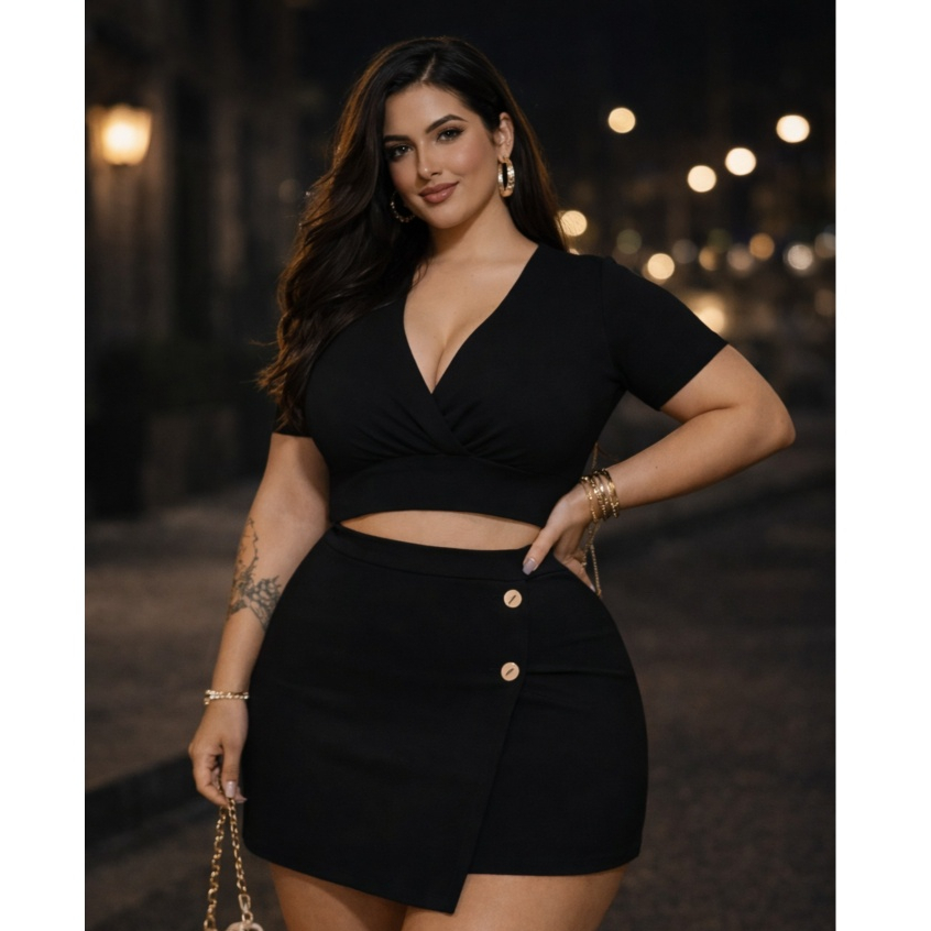 Conjunto Plus Size – Short Saia e Cropped Verão | G, GG, G1, G2 – Moda Feminina do 40 ao 54