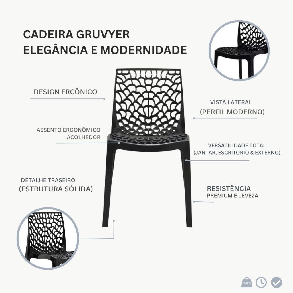 Cadeira Gruvyer Design Preto Sala Cozinha Jantar Área Gourmet Empilhável em Oferta na Shopee