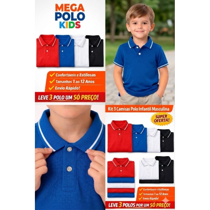 Kit 3 Camisas Polo Infantil Masculina Básica Premium e kit com 2 | Algodão Confortável | 1 a 12 Anos | (sortidas)