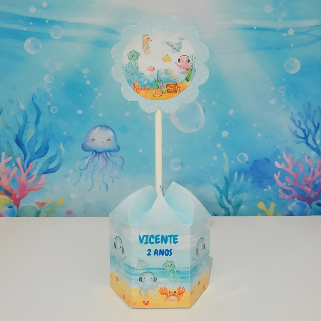 Pegue e Monte / Centro de Mesa Personalizado P - Fundo do Mar Aquarela - Caixa Sextavada Festa Aniversário infantil