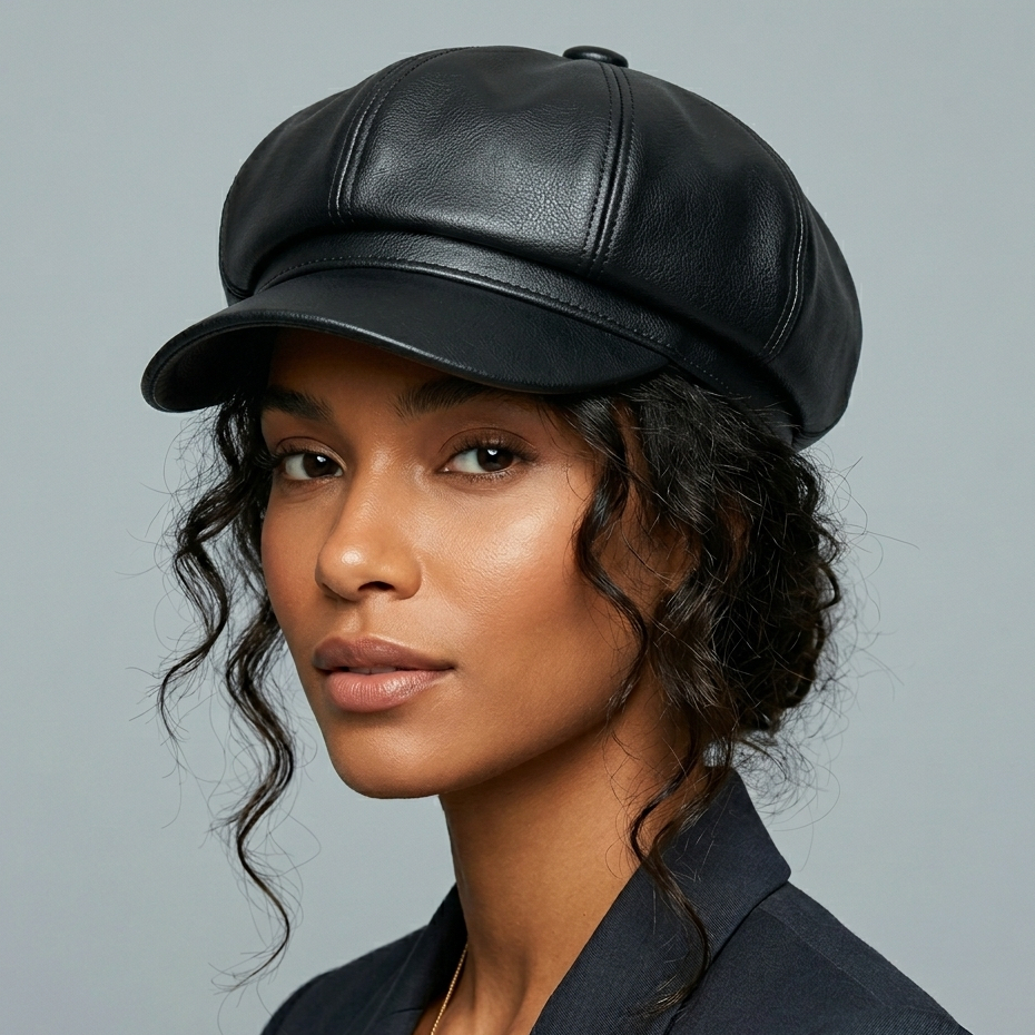 Boina Feminina de Couro PU Estilo Francês Retrô Vintage Chapéu de Jornaleiro Outono Inverno Fashion Coreano Ajustável