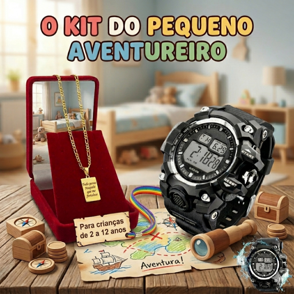 Corrente Infantil Masculina Banhada a Ouro com Pingente de Cruz Pai Nosso + Relogio Digital