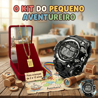Corrente Infantil Masculina Banhada a Ouro com Pingente de Cruz Pai Nosso + Relogio Digital