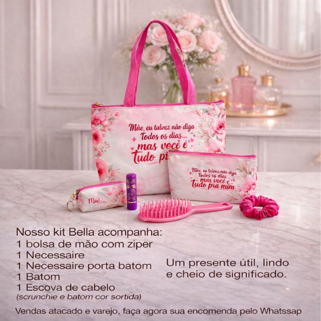 Kit Bella 1 Bolsa de Mão +1 Necessaire +1 Porta Batom + 1 Batom +1 Escova + 1 Scrunchie Sortidos em Oferta na Shopee