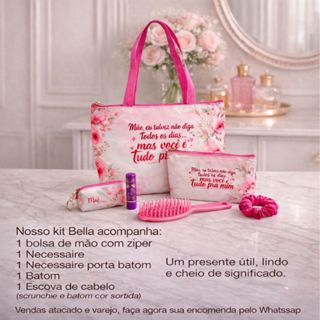 Kit Bella 1 Bolsa de Mão +1 Necessaire +1 Porta Batom + 1 Batom +1 Escova + 1 Scrunchie Sortidos em Oferta na Shopee