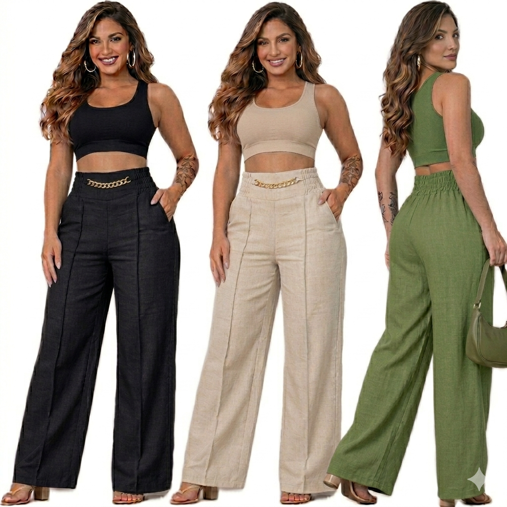 Kit 3 Peças de Calça Pantalona de Linho com Cinto Fake e Bolsos do P ao GG no Promoçao em Oferta na Shopee