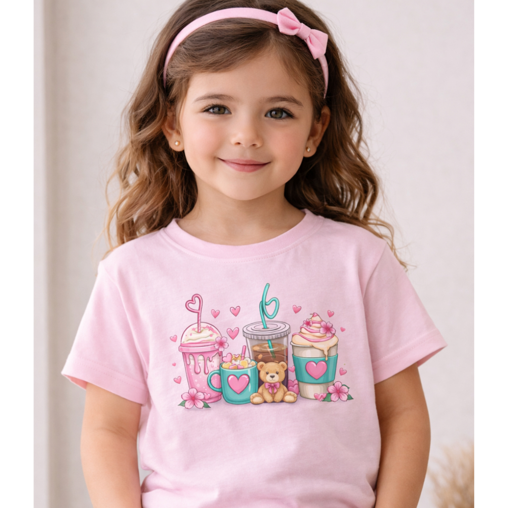 Camiseta Infantil Feminina Fofa Rosa Estampa Doces Ursinho Algodão Confortável Menina