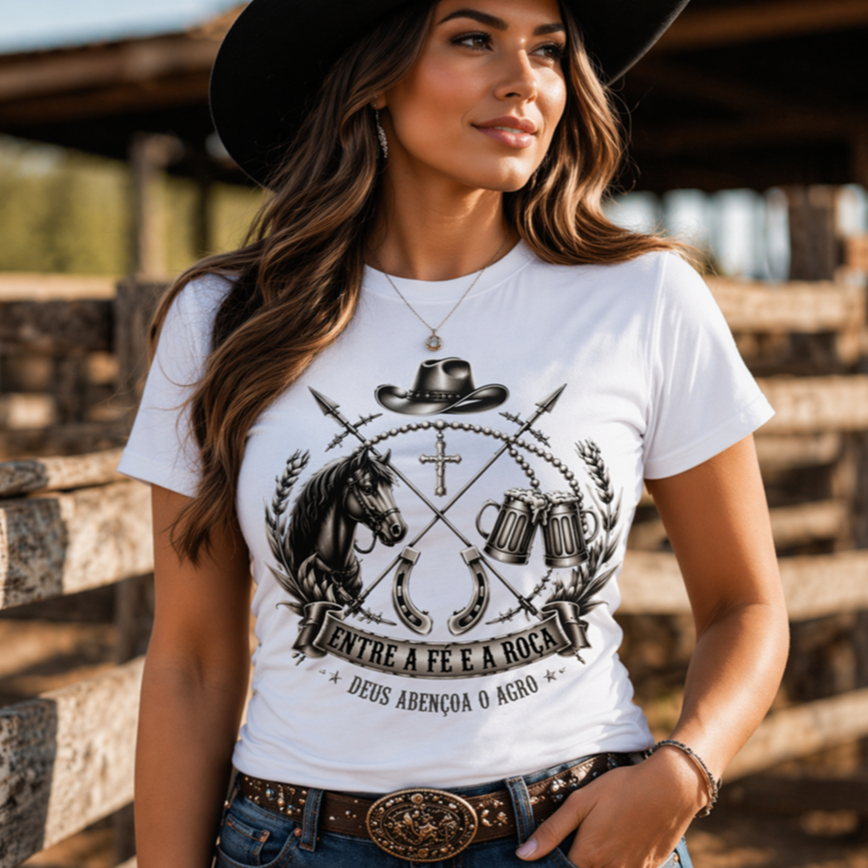 Camiseta Feminina Agro Fé e Roça – Deus Abençoa o Agro | Estilo Country Premium 100% Algodão