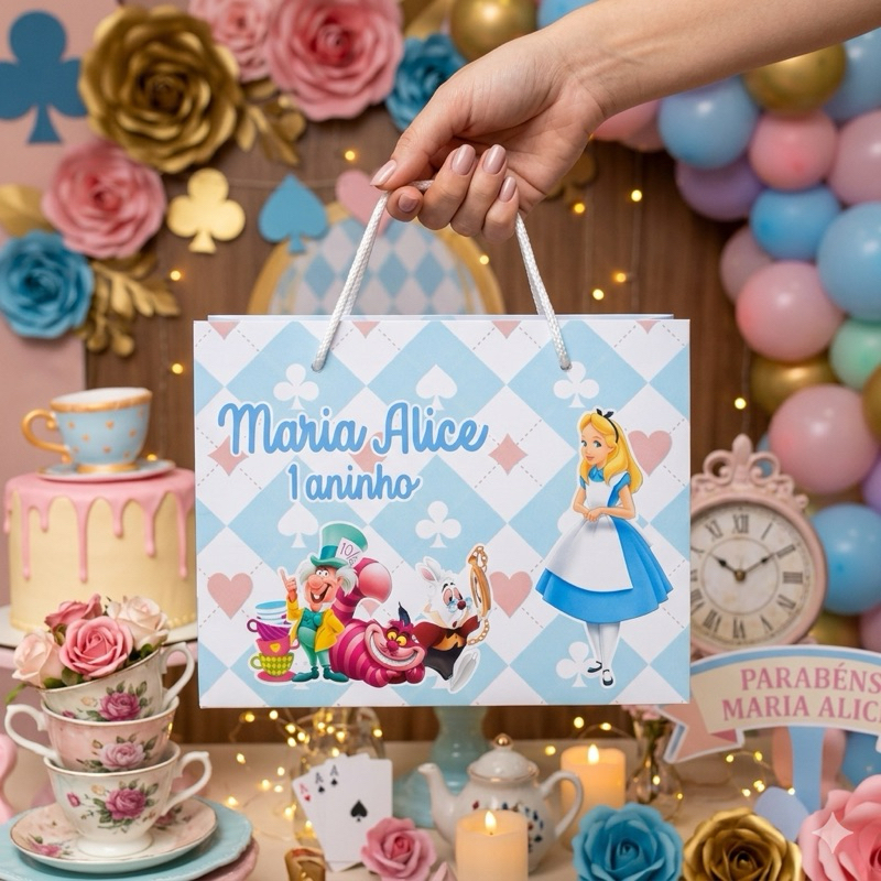 Sacolinha Para Lembrancinha Alice no País das Maravilhas Personalizada Aniversário Infantil Pegue e Monte