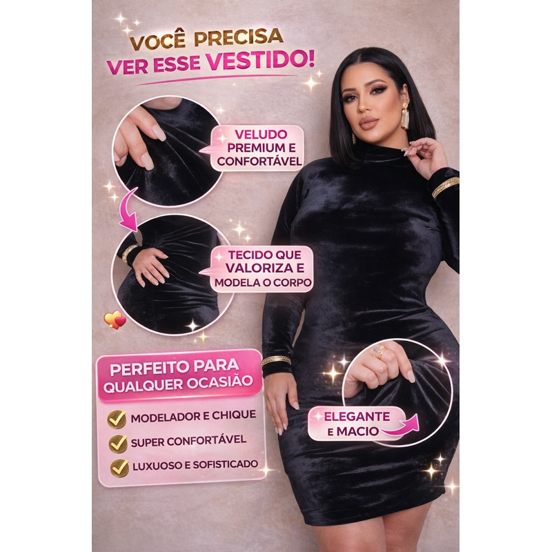 VESTIDO VELUDO MANGA LONGA PLUS SIZE GOLA TUBINHO TECIDO PREMIUM MAIS VENDIDO TENDENCIA BLOGUEIRA 2026 Envio Rápido