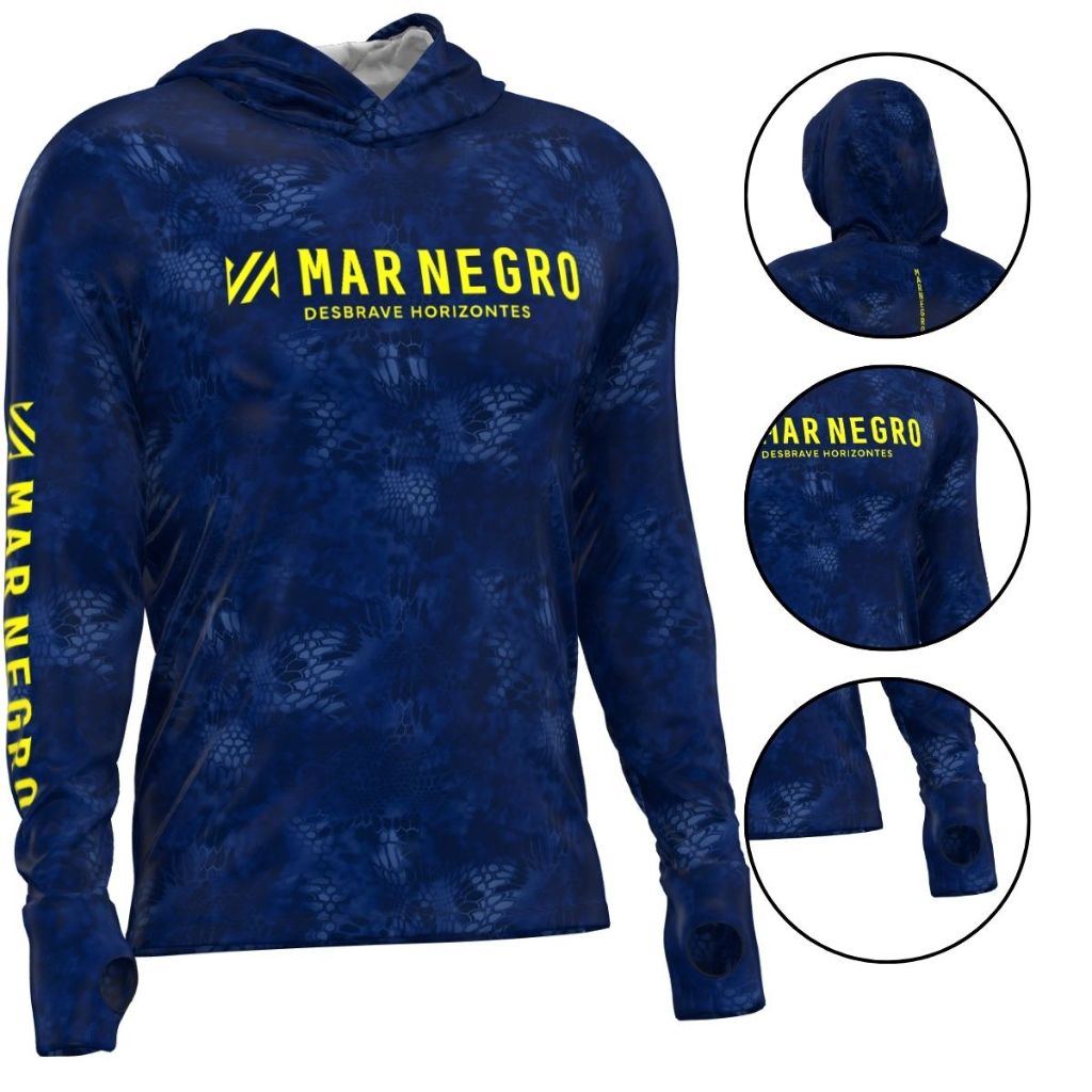 CAMISA DE PESCA COM CAPUZ LUVA PROTEÇÃO UV XPROTECTION BLUE MAR NEGRO