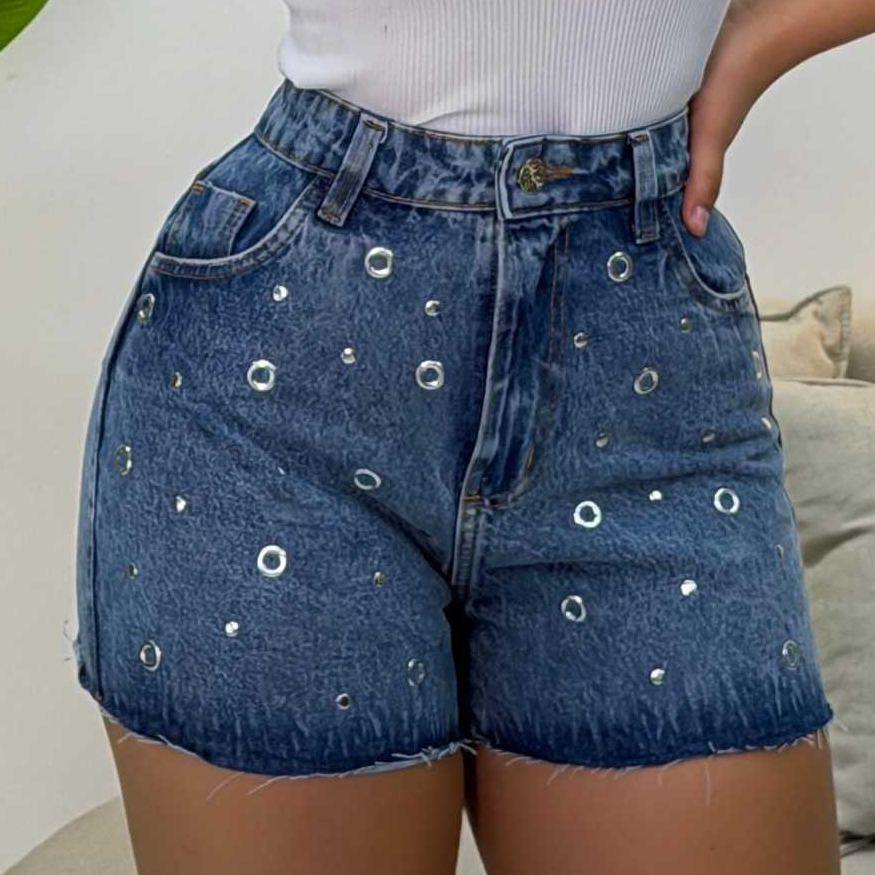 Short jeans feminino customizado sem lycra, 100% (nao estica), cintura alta, duas cores