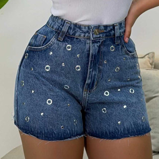Short jeans feminino customizado sem lycra, 100% (nao estica), cintura alta, duas cores