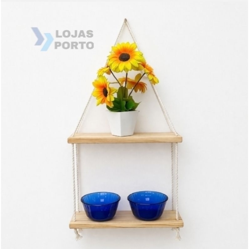 Prateleira 2 andar 30×10 cm suspensa com cordas em madeira nicho de parede sala quarto cozinha varanda banheiro