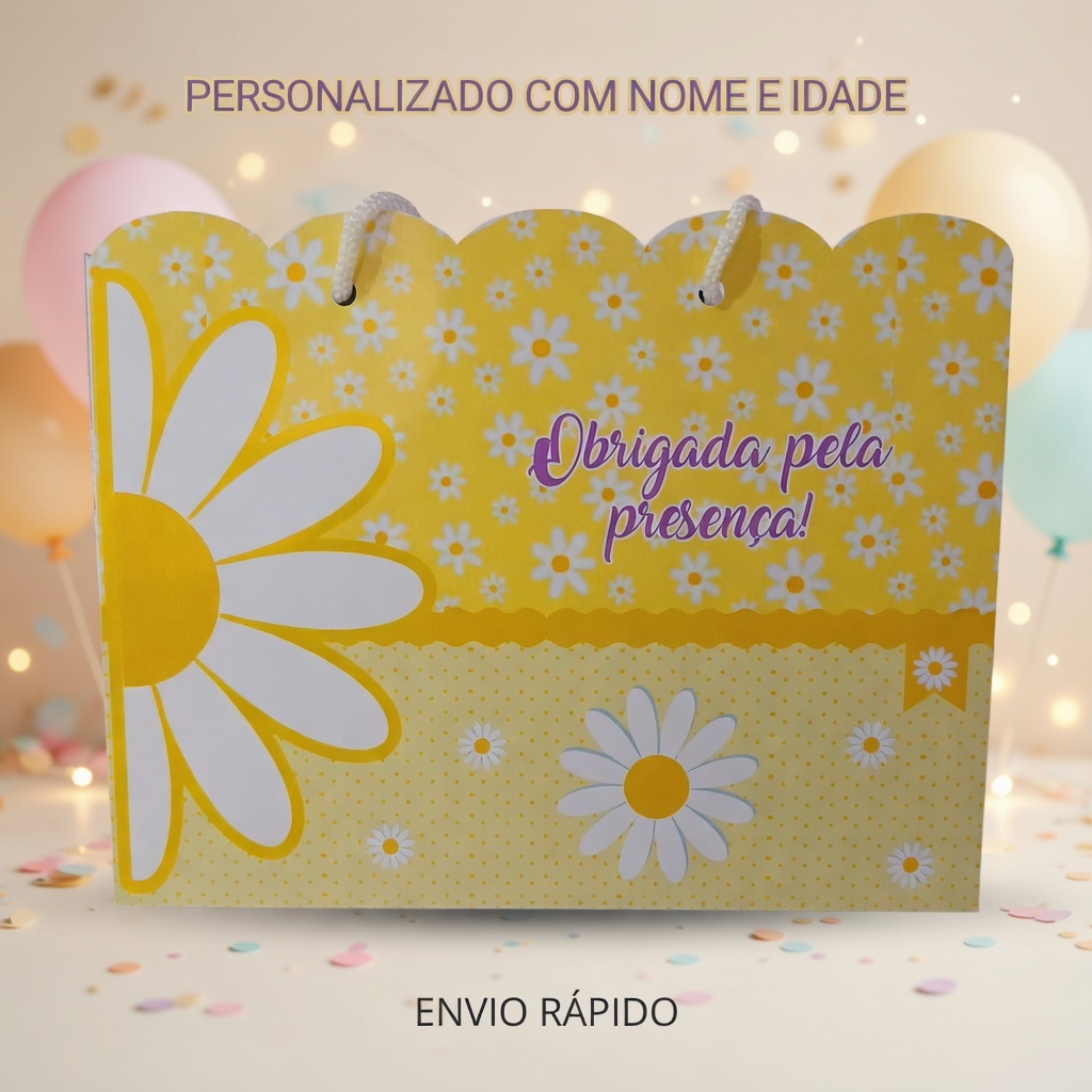 Sacolinha Surpresa Personalizada Margarida Amarela | Lembrancinha de Aniversário - Tam G -  PEGUE E MONTE