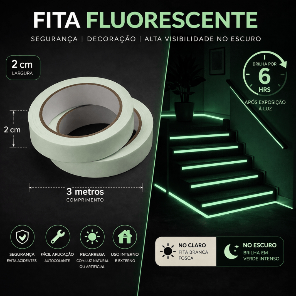 Fita Fluorescente 3m x 2cm Brilha no Escuro até 6h Sinalização Escada Parede Interruptor Segurança