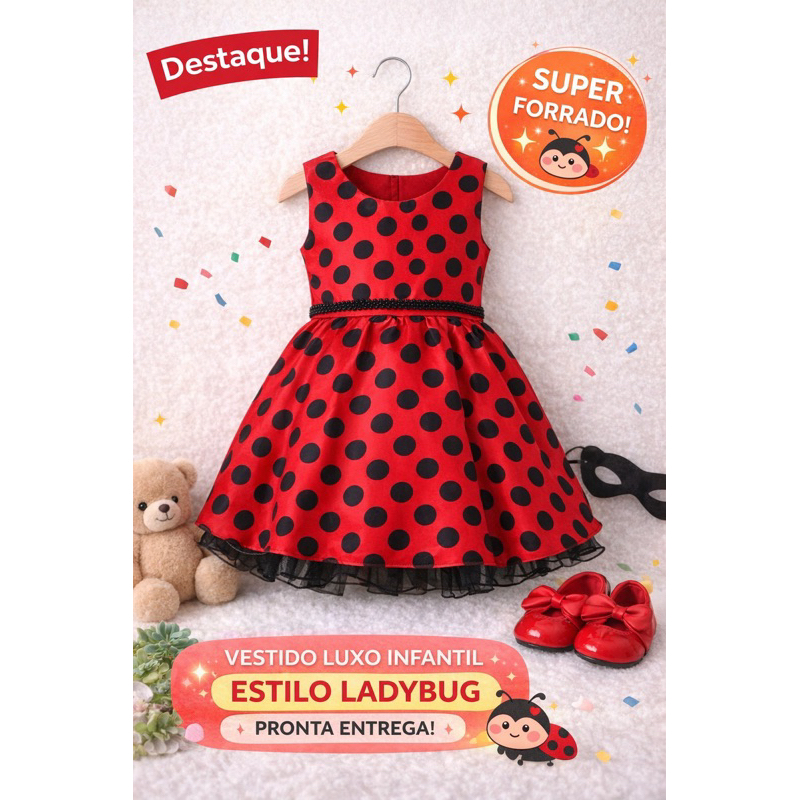 Vestido Infantil Ladybug Luxo Poá Vermelho Festa Fantasia Forrado Menina 1 ao 4