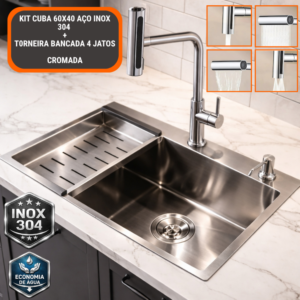 Cuba Aço Inox 304 Cozinha Gourmet 60x45cm Kit Completo Torneira 4 Jatos Válvula Sifão Cesto Escovada