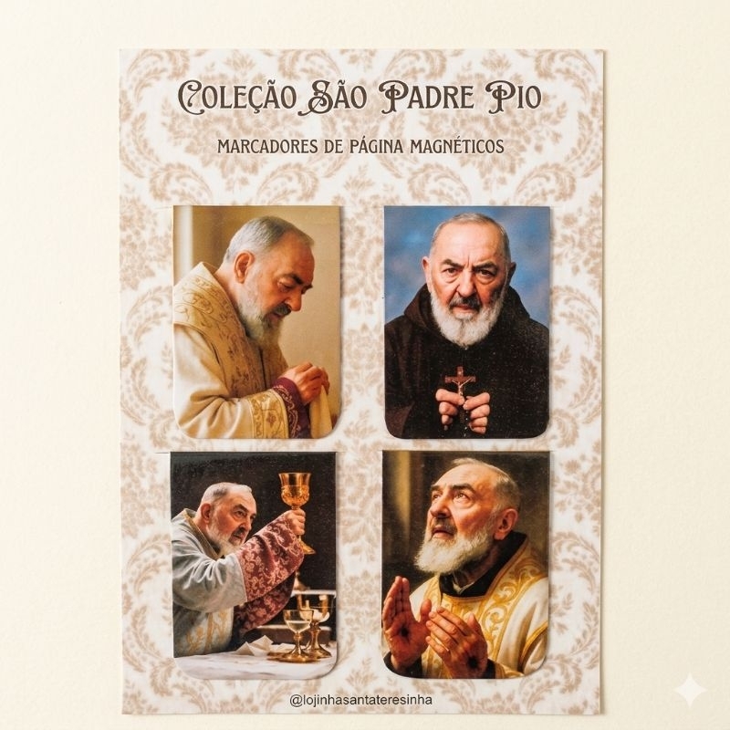 Kit 4 Marcadores de página magnéticos - SÃO PADRE PIO - Marcador católico | frases de Santos para Bíblia ou livros