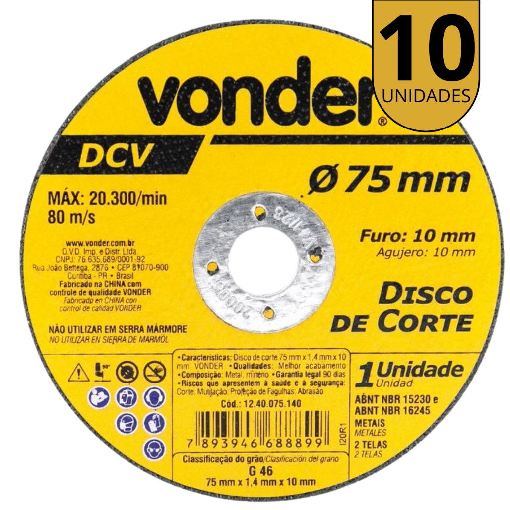Kit com 10 Discos de Corte para Metais e Aço Inox 75mm DCV Vonder