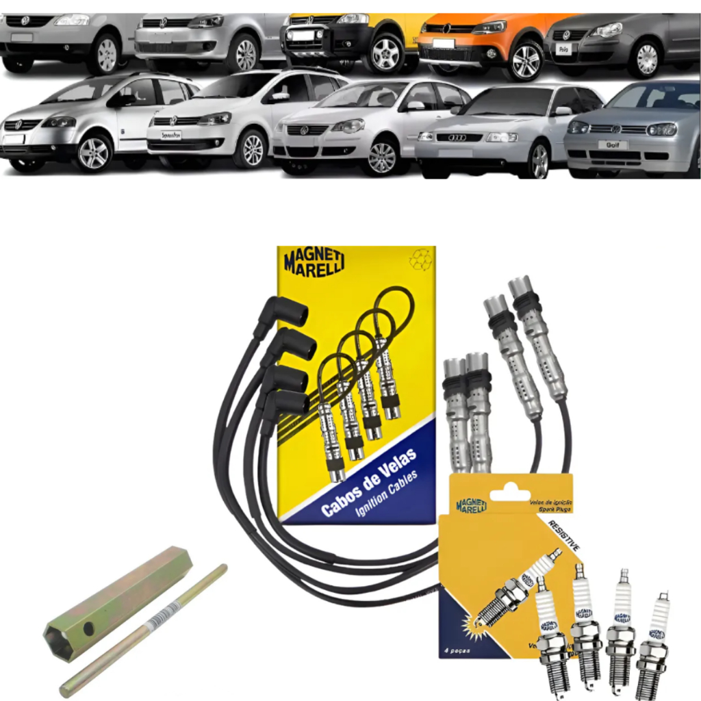 Kit Cabo Velas Vw Gol G4 G5 Fox Golf Polo 1.0 1.6 2001 A 12 Power + Chave de Vela Magneti Marelli
