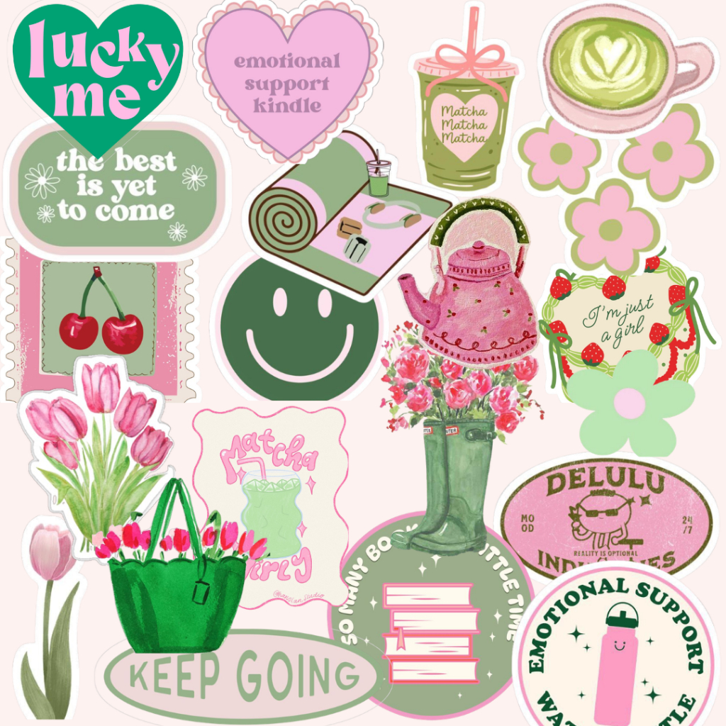 Adesivos Verde e Rosa Aesthetic Matcha Flores Frases Girly para Kindle, Caderno e Planner