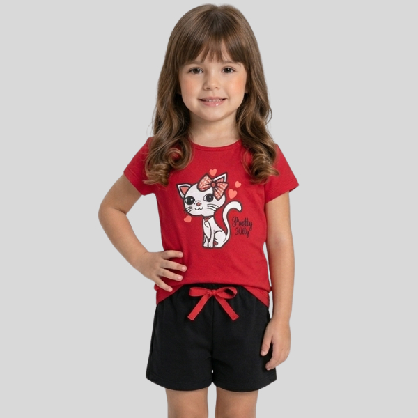 Conjunto Infantil Feminino 100% Algodão Blusa Gatinha Shorts Moletinho