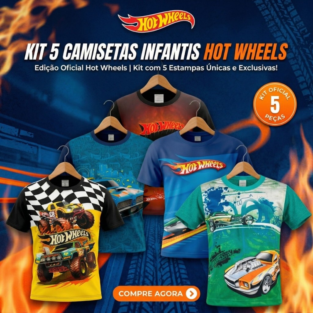Kit 5 Camisetas Infantis Hot Wheels Oficial Estampas Exclusivas Conforto Menino