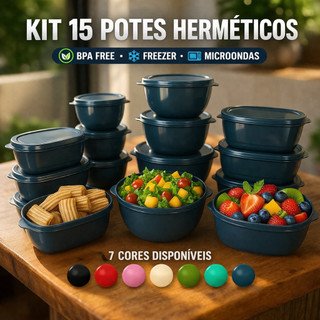 Kit 15 Potes Herméticos Plástico com Tampa – Empilháveis Ultra Resistentes Vasilha,Panela…
