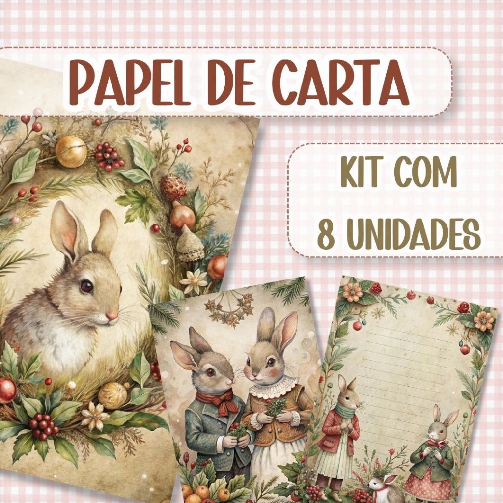 Papel de Carta Coelhinhos Natalinos Vintage Fofo 14x20cm Kit 8 Unidades Papel Decorado Cartinhas Scrapbook Papelaria