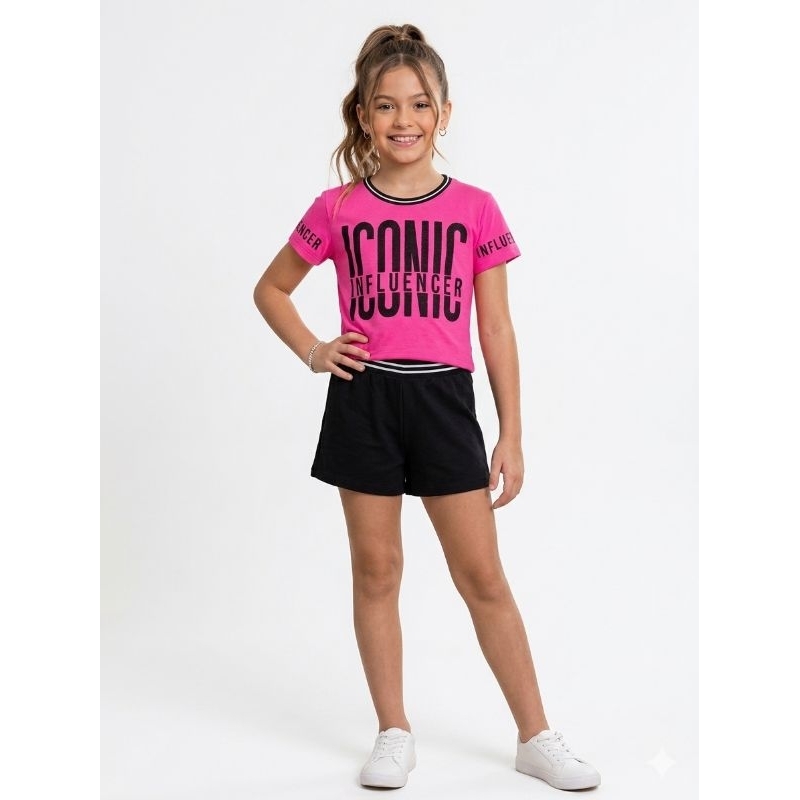 Conjunto Infantil Feminino Blogueirinha Camiseta Cropped e Short Verão tam 14 Amora