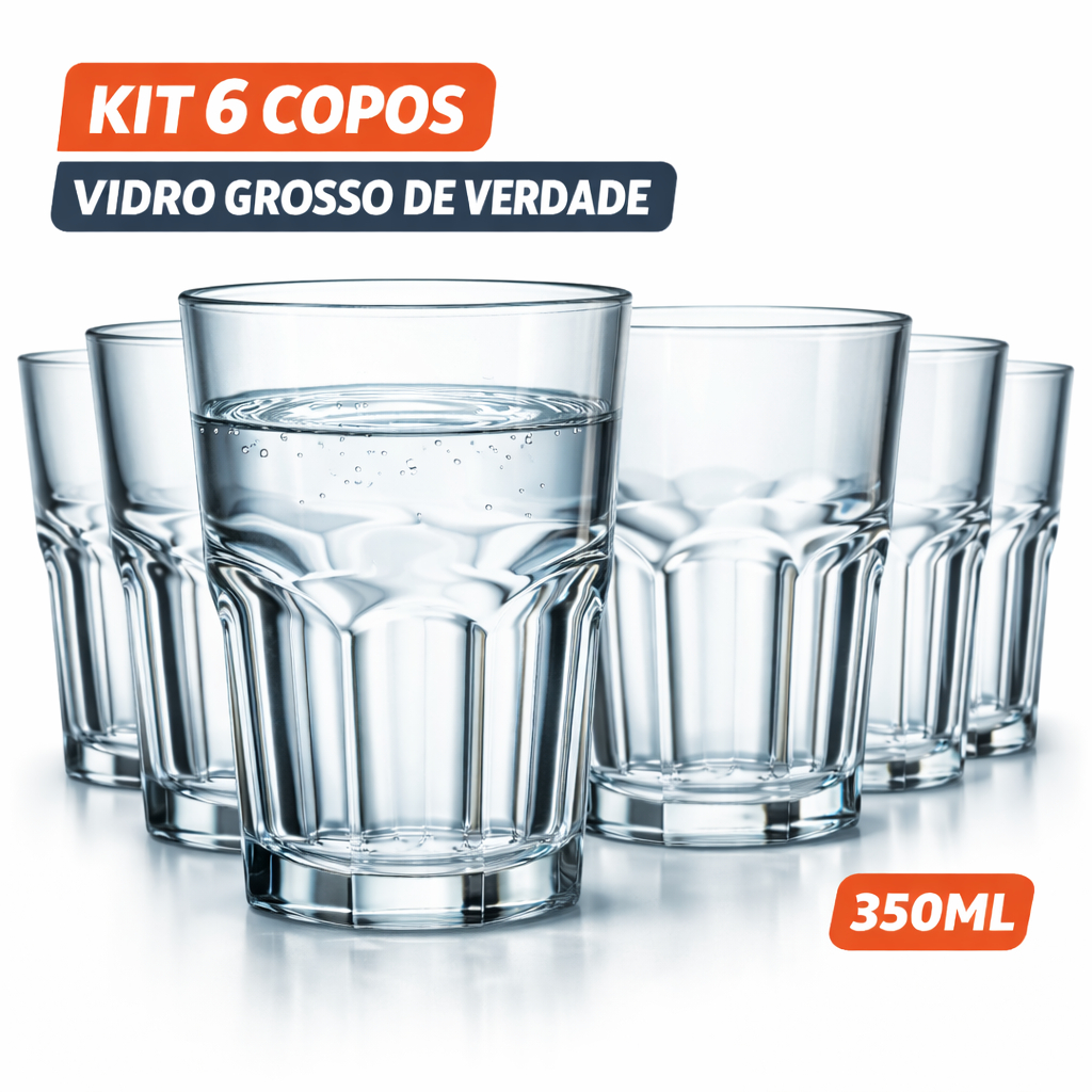 Jogo 6 Copos de Vidro 350ml Reforçado Grosso Resistente Água Suco Drink Premium Cozinha Mesa Posta em Oferta na Shopee