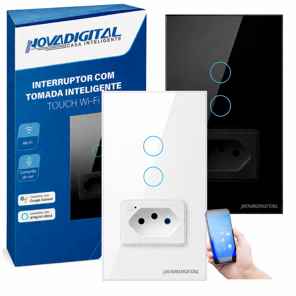 Interruptor Inteligente 2 Botões branco ou Preto Wifi Touch Com Tomada Alexa Nova Digital Original