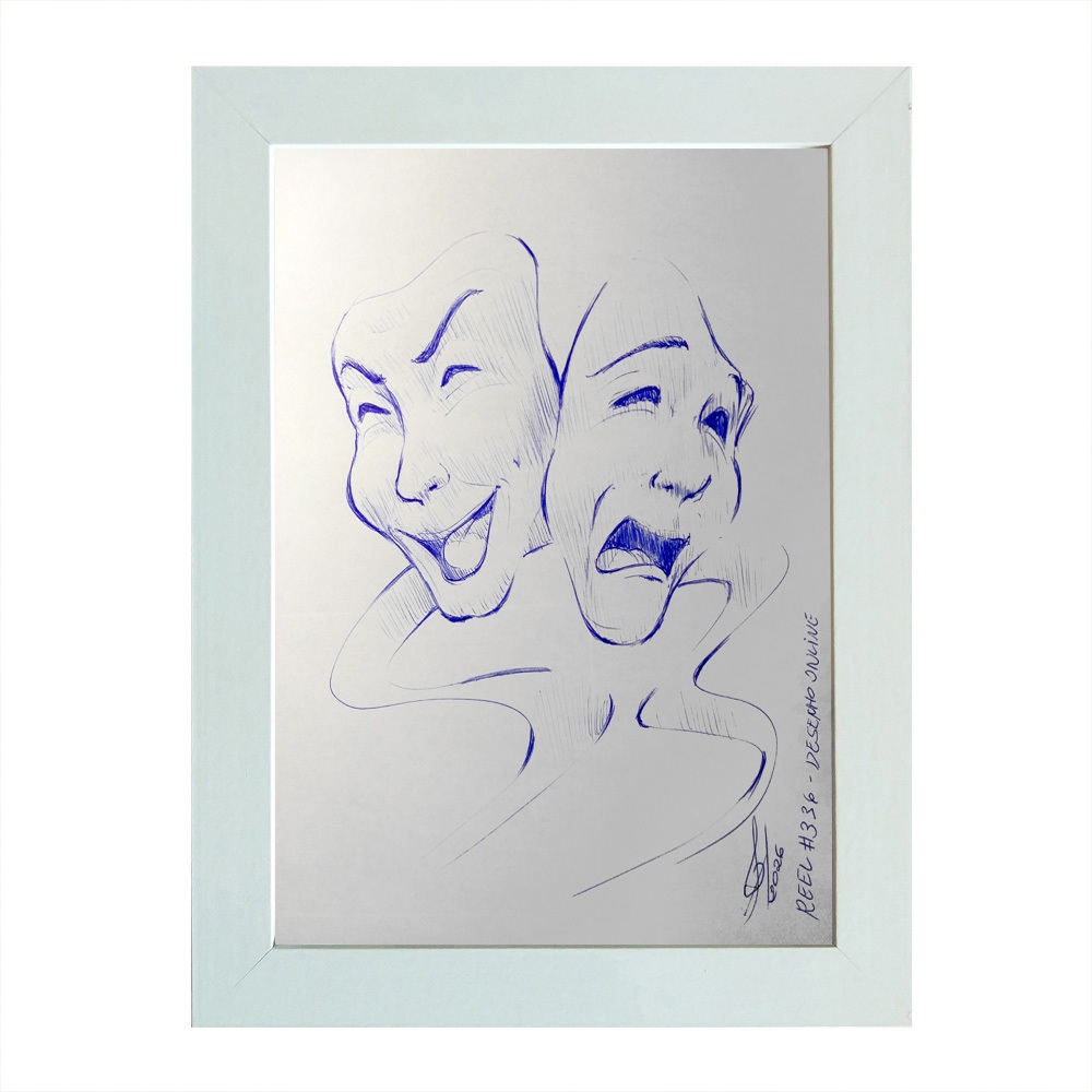 Quadro Desenho Original Caneta Azul Máscaras A5 moldurado Assinado Arte Original Reel #336