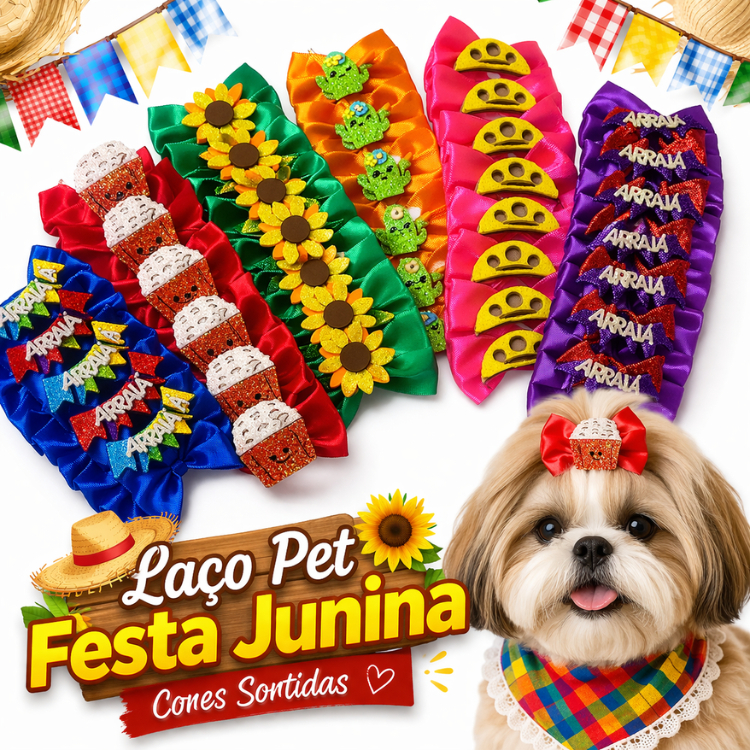 Laço Topete Pet FESTA JUNINA – LAÇOS JUNINOS para Cachorro SÃO JOÃO - Lacinhos Pet FESTA JUNINA