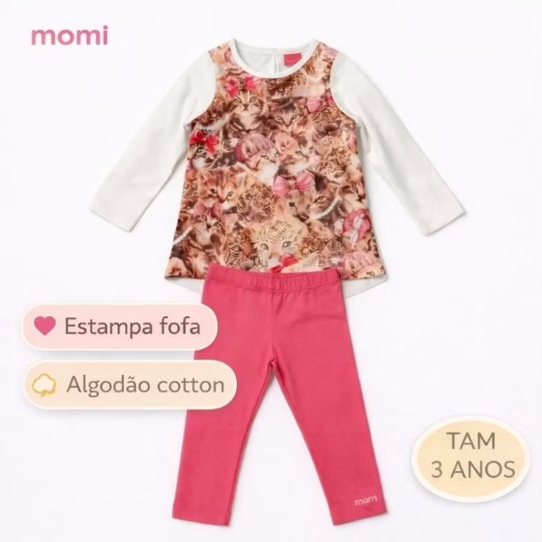 Conjunto Infantil Momi Menina Blusa Gatinha Manga Longa + Legging Rosa Novo 3 anos Inverno Look Completo