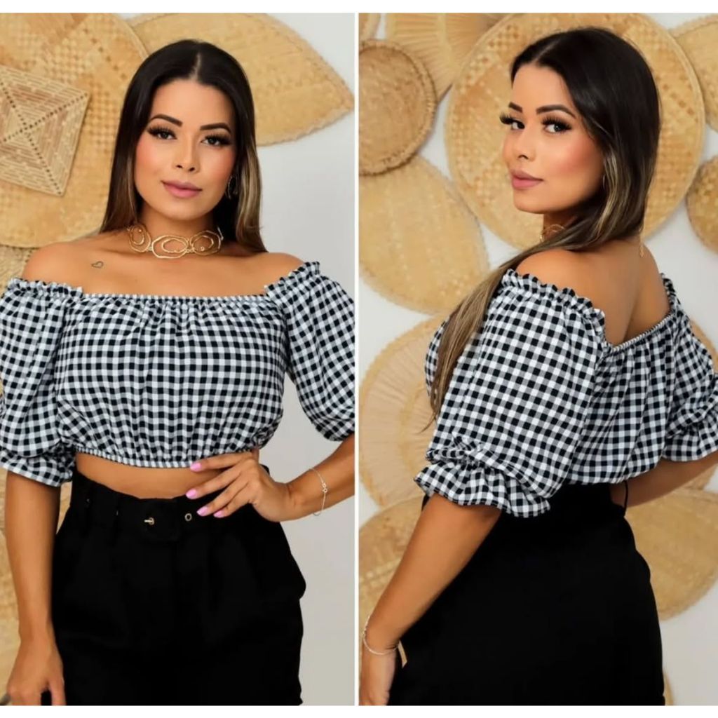 Blusa Camisa Ciganinha Ombro a Ombro Cropped Feminina Xadrez Festa Junina Roupa Arraia Capirinha