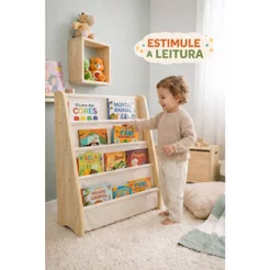 Estante Infantil Montessori Organizadora de Livros em Madeira Natural | Porta Livros Criança Quarto Bebê