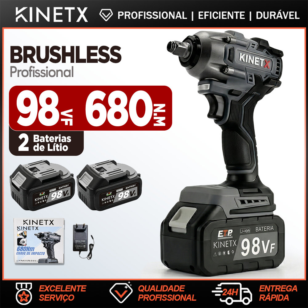 Chave de Impacto Sem Fio 680Nm 98Vf 2 Baterias Brushless Motor Portátil 2 em 1 com Profissional Recarregáveis