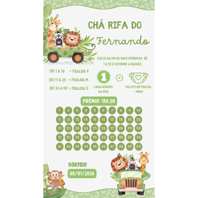 Convite Chá fraldas/Chá Rifa Cartela  com números + lista de participantes. Tema Safari